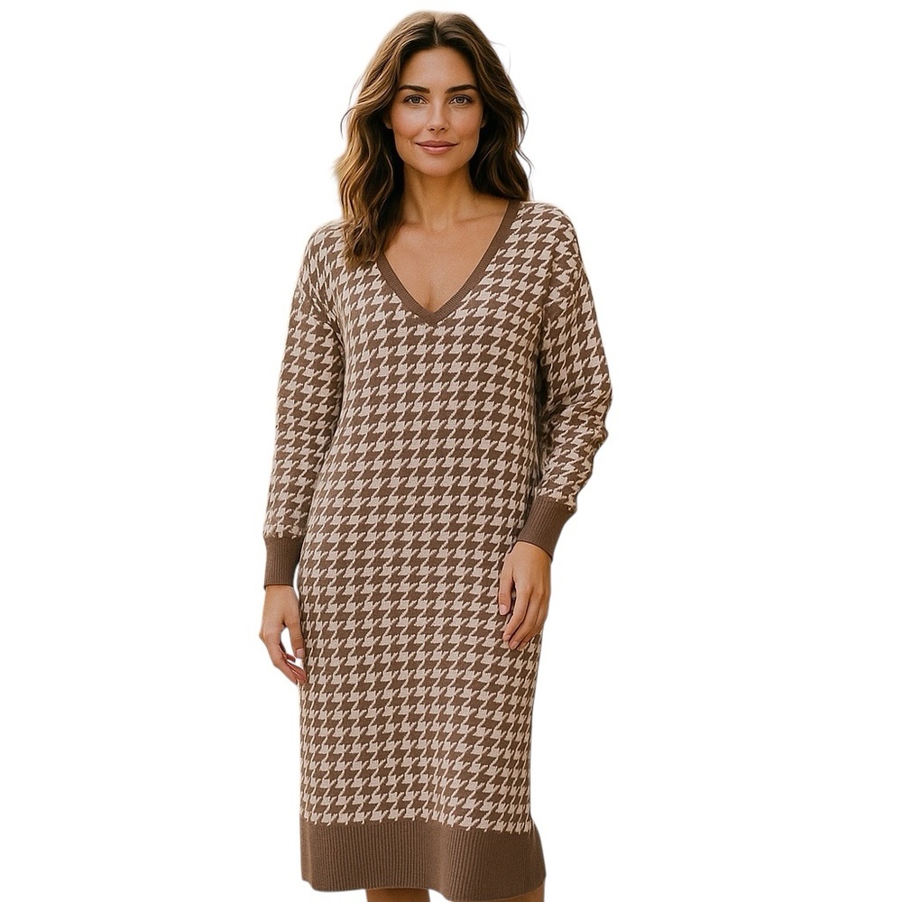 Emma & Posh Tan & White V-Neck Dolman Sleeve Houndstooth Sweater Dress Sz 2X
